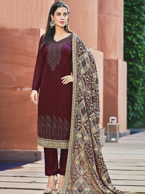

ODETTE Women Embroidered Kurta with Trousers & Dupatta, Maroon