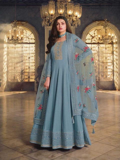 

ODETTE Women Embroidered Anarkali Kurta with Churidar & With Dupatta, Grey