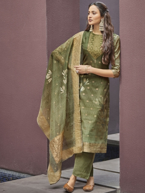 

ODETTE Women Green Ethnic Motifs Empire Kurti with Trousers & With Dupatta