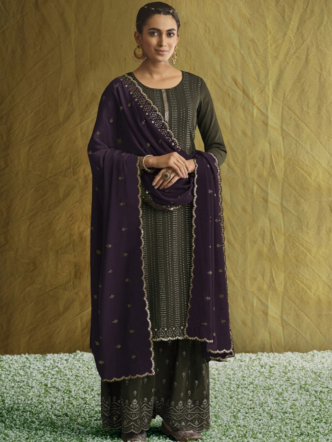 

ODETTE Women Printed Beads and Stones Kurta with Palazzos & With Dupatta, Olive