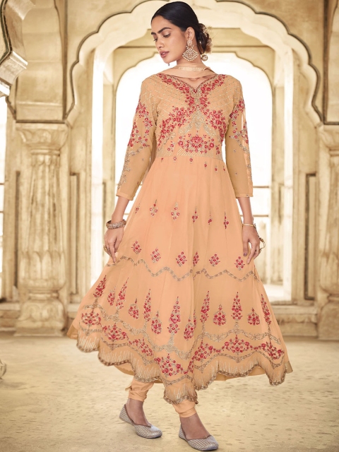 

ODETTE Women Embroidered Anarkali Kurta with Churidar & With Dupatta, Peach