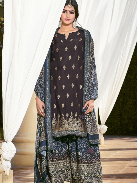 

ODETTE Women Brown Ethnic Motifs Embroidered Kurta with Palazzos & With Dupatta