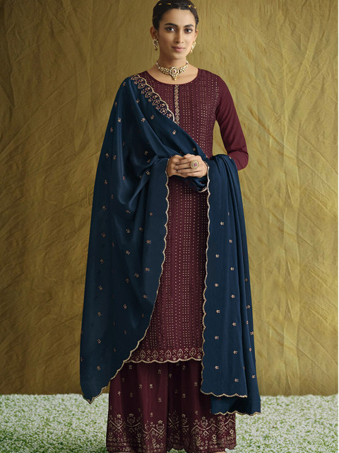 

ODETTE Women Brown Embroidered Layered Kurta with Palazzos & With Dupatta