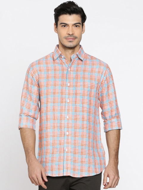 

Louis Park Men Orange & Blue Tailored Fit Linen Checked Casual Shirt
