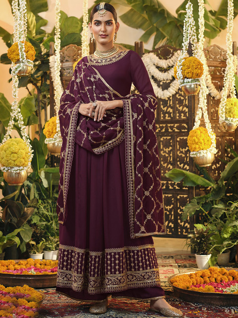 

ODETTE Women Maroon Ethnic Motifs Embroidered Kurta with Skirt & With Dupatta
