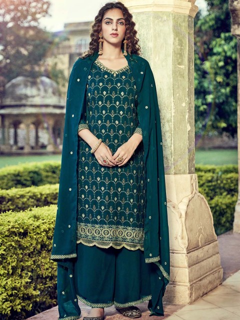 

ODETTE Women Ethnic Motifs Embroidered Kurta with Palazzos & With Dupatta, Green