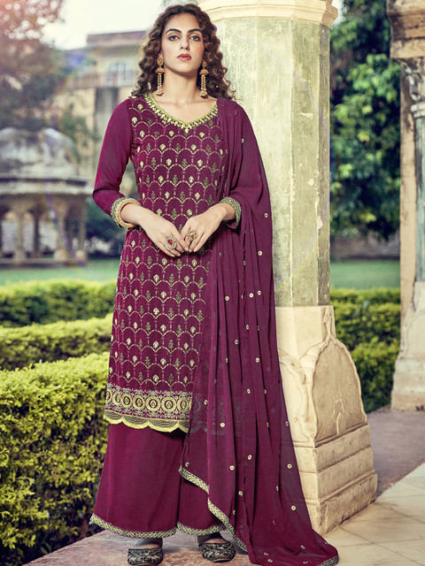 

ODETTE Women Maroon Ethnic Motifs Embroidered Kurta with Palazzos & With Dupatta
