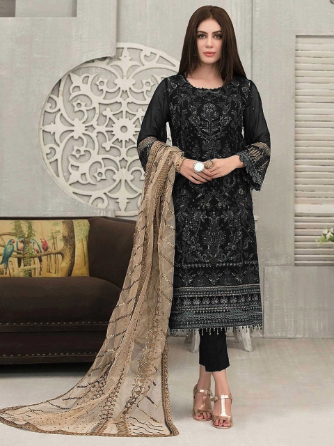 

ODETTE Women Black Ethnic Motifs Embroidered Beads and Stones Kurta with Trousers & With Dupatta