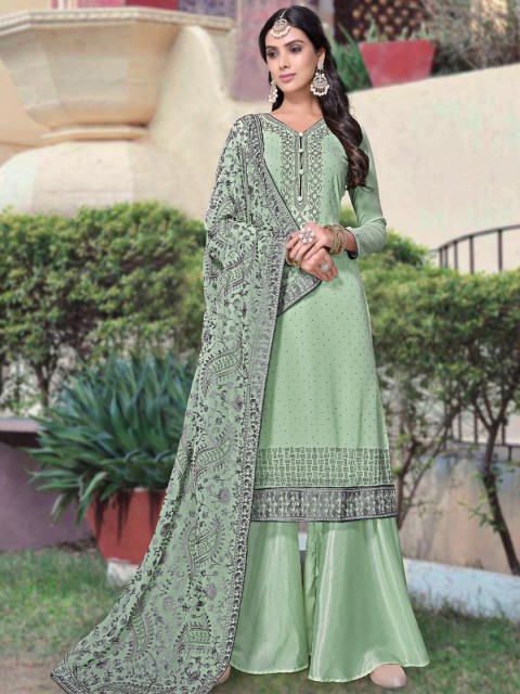 

ODETTE Women Green Ethnic Motifs Yoke Design Thread Work Kurti with Palazzos & With Dupatta