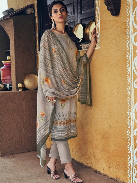 

ODETTE Women Grey Floral Printed Kurta with Palazzos & With Dupatta