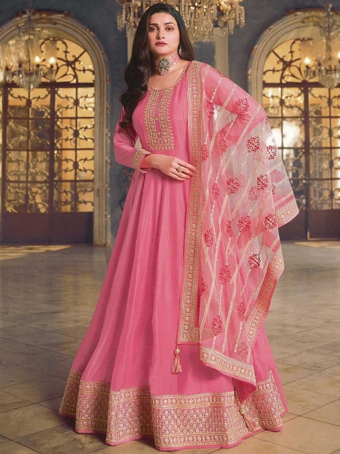 

ODETTE Women Pink Ethnic Motifs Embroidered Zardozi Kurta with Trouser & With Dupatta