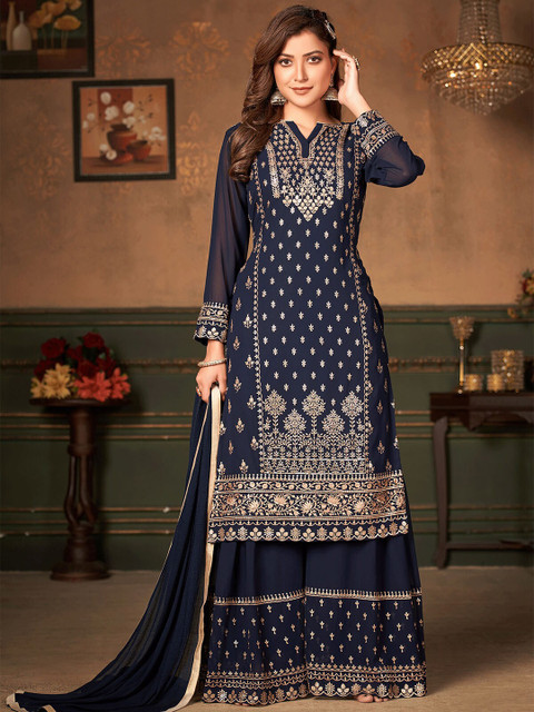 

ODETTE Navy Blue Embellished Unstitched Dress Material
