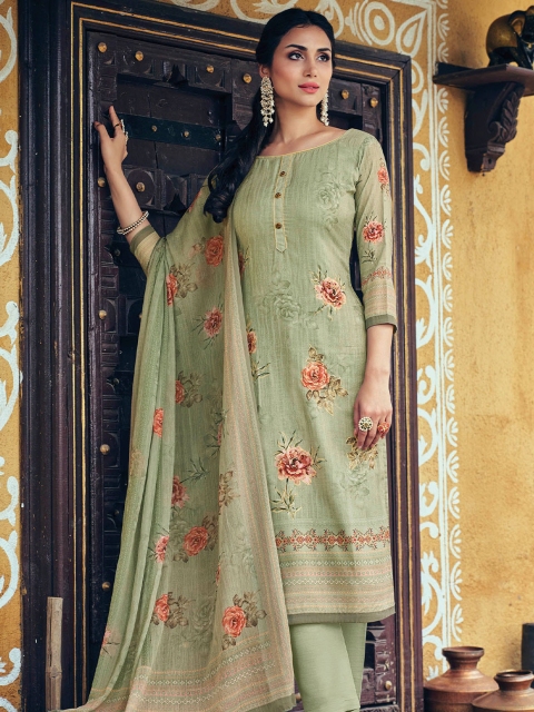 

ODETTE Women Green Floral Printed Kurta with Trouser & With Dupatta