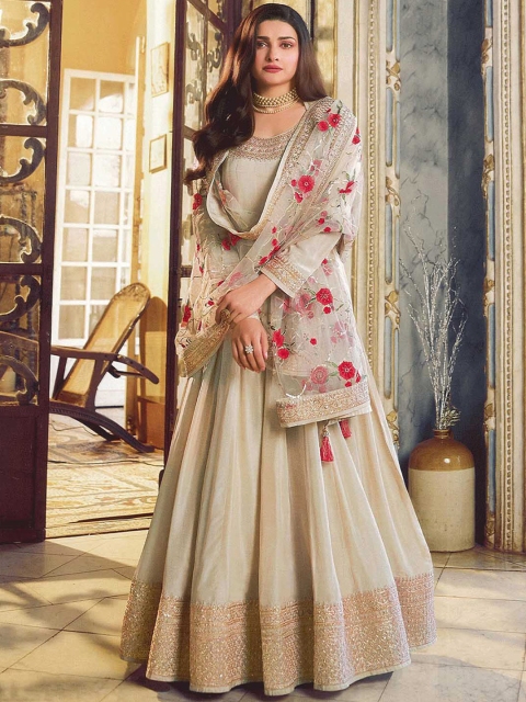 

ODETTE Women Beige Ethnic Motifs Printed Zardozi Kurti with Trouser & With Dupatta