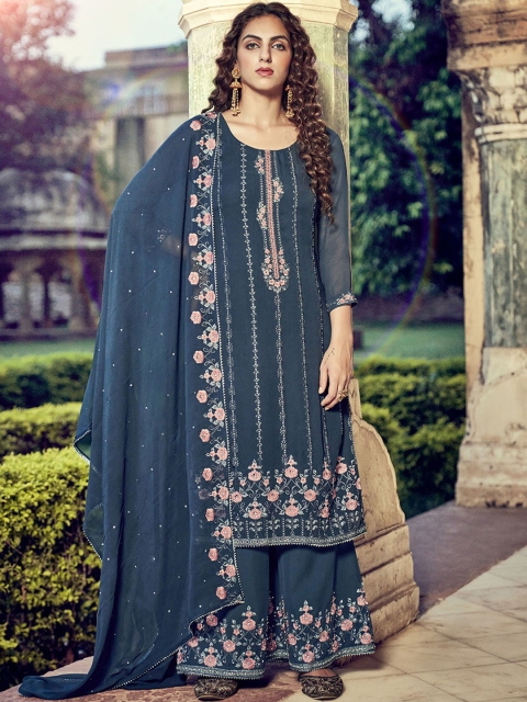 

ODETTE Women Blue Ethnic Motifs Embroidered Thread Work Kurta with Palazzos & With Dupatta