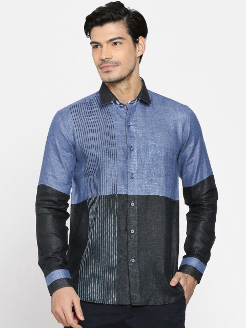 

Louis Park Men Blue & Black Tailored Fit Colourblocked Linen Casual Shirt
