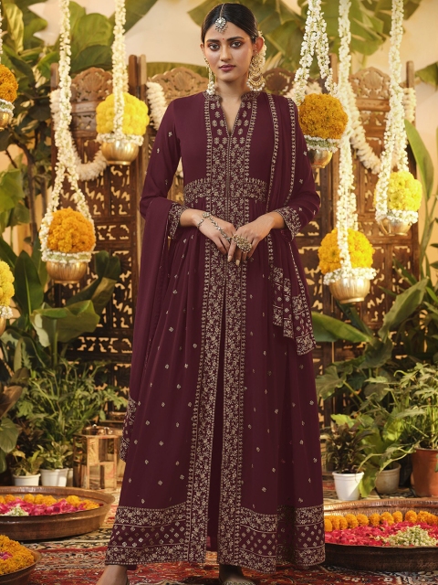 

ODETTE Women Maroon Ethnic Motifs Printed High Slit Zardozi Kurta with Trousers & With Dupatta