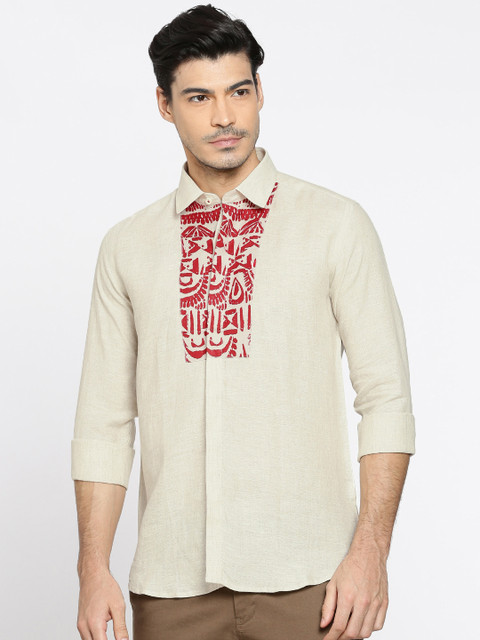 

Louis Park Men Beige Tailored Fit Printed Linen Smart Casual Shirt