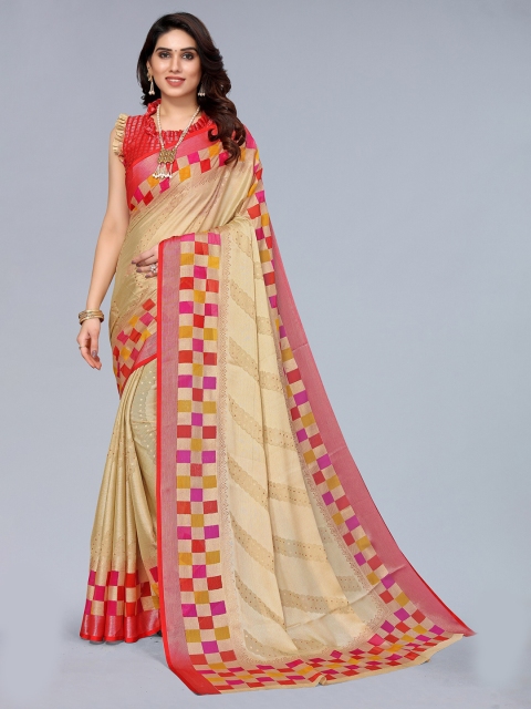 

Winza Designer Beige & Red Pure Chiffon Leheriya Saree