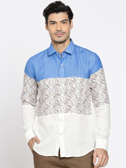 

Louis Park Men Blue & Off-White Tailored Fit Linen Printed Casual Shirt