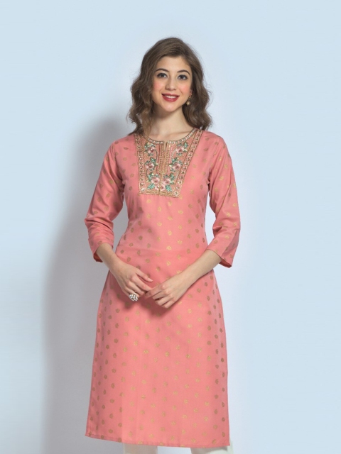 

RIVAMA Women Floral Embroidered Thread Work Kurta, Peach