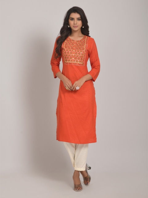 

RIVAMA Women Orange Ethnic Motifs Yoke Design Thread Work Kurta