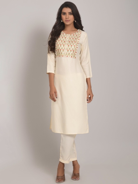 

RIVAMA Women Off White & Gold-Toned Ethnic Motifs Embroidered Kurta