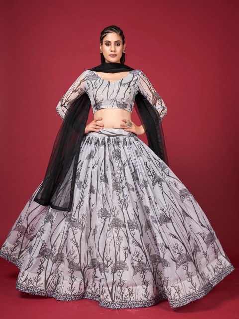 

SHOPGARB White & Black Printed Semi-Stitched Lehenga & Unstitched Blouse With Dupatta