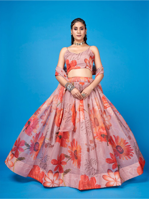 

SHOPGARB Pink Printed Semi-Stitched Lehenga & Unstitched Blouse With Dupatta
