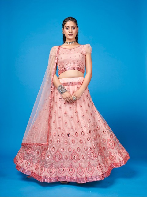 

SHOPGARB Pink Embroidered Sequinned Semi-Stitched Lehenga & Unstitched Blouse With Dupatta