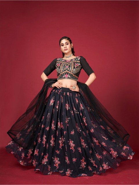 

SHOPGARB Black & Pink Embroidered Sequinned Semi-Stitched Lehenga & Unstitched Blouse With Dupatta