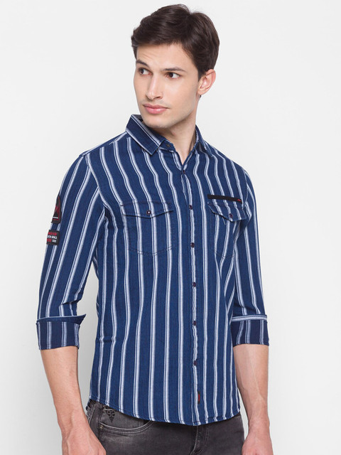 

SPYKAR Men Blue Slim Fit Striped Casual Cotton Shirt