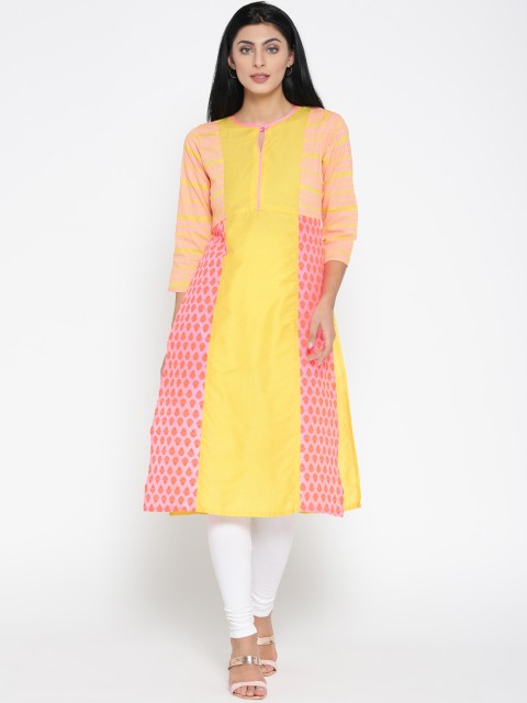 

Jashn Women Yellow & Pink Printed Straight Kurta