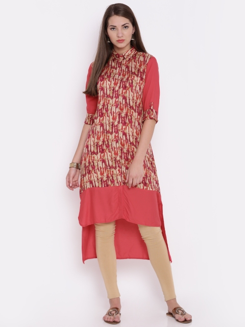 

Jashn Women Coral Pink & Beige Printed High-Low Hem Kurta