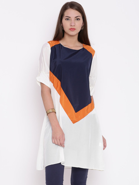 

Jashn Women Off-White & Navy Colourblocked A-Line Kurta