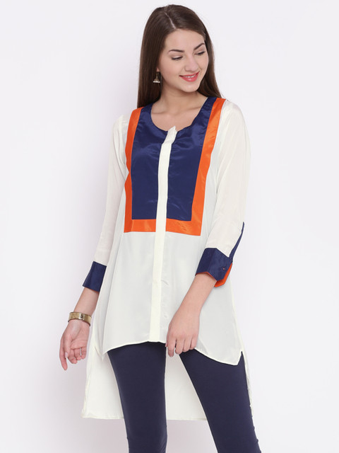 

Jashn Women Off-White & Navy Colourblocked A-Line Kurta