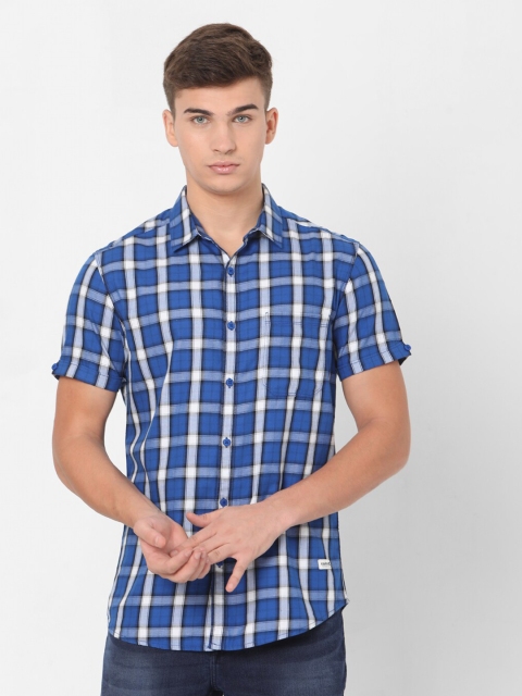 

SPYKAR Men Blue And White Tartan Check Slim Fit Cotton Casual Shirt