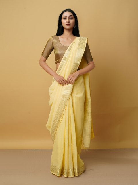 

Unnati Silks Cream-Coloured & Gold-Toned Zari Pure Linen Jamdani Saree