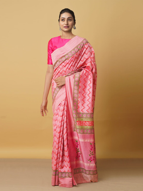 

Unnati Silks Pink & Red Ethnic Motifs Mysore Silk Saree