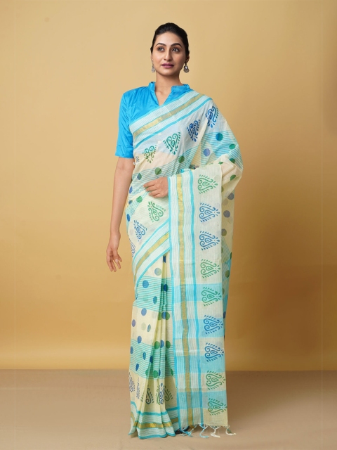 

Unnati Silks Cream-Coloured & Blue Pure Cotton Jamdani Saree