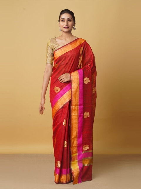 

Unnati Silks Maroon & Pink Floral Zari Art Silk Mysore Silk Saree