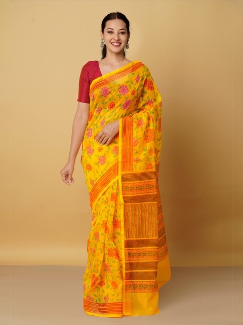 

Unnati Silks Yellow & Orange Floral Supernet Block Print Saree
