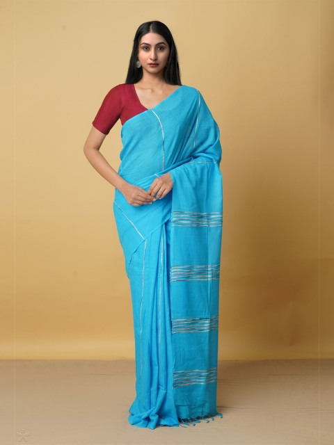 

Unnati Silks Blue & White Striped Pure Cotton Chettinad Saree