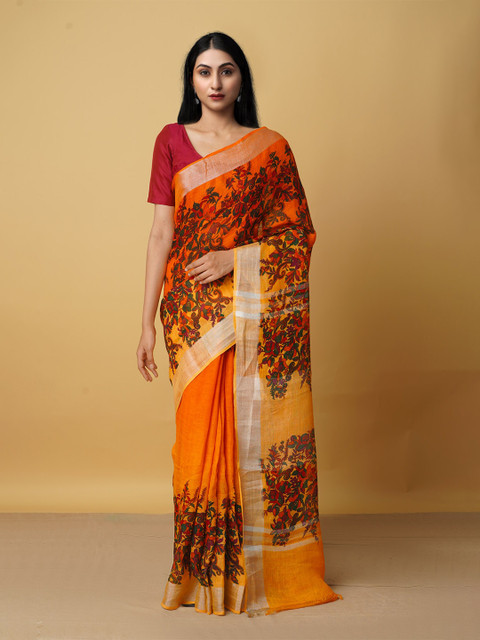 

Unnati Silks Orange & Green Floral Zari Pure Linen Jamdani Saree