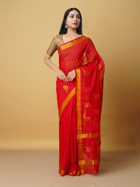 

Unnati Silks Red & Gold-Toned Floral Zari Silk Cotton Uppada Saree