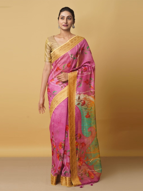 

Unnati Silks Pink & Green Floral Zari Organza Banarasi Saree