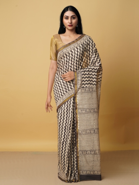 

Unnati Silks Cream-Coloured & Grey Zari Silk Cotton Chanderi Saree