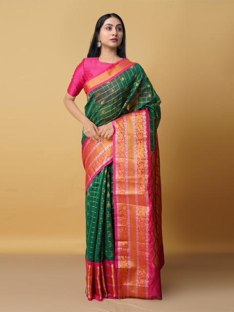 

Unnati Silks Green & Orange Checked Zari Silk Cotton Kanjeevaram Saree