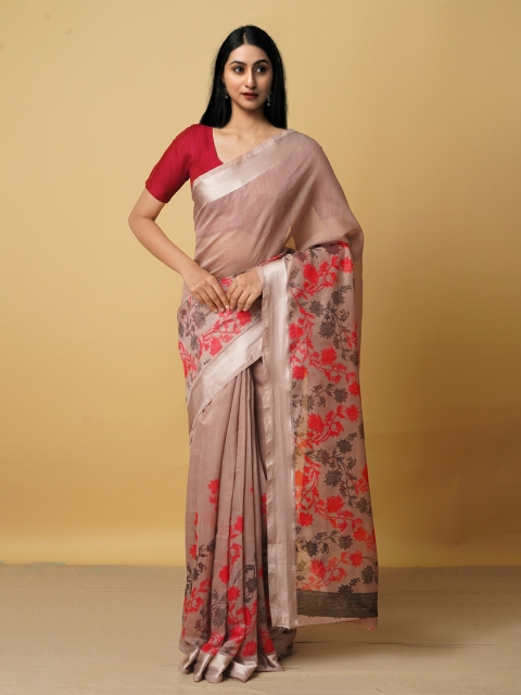 

Unnati Silks Brown & Black Floral Zari Art Silk Block Print Saree