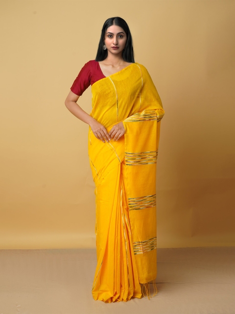 

Unnati Silks Yellow & Green Striped Pure Cotton Mangalagiri Saree